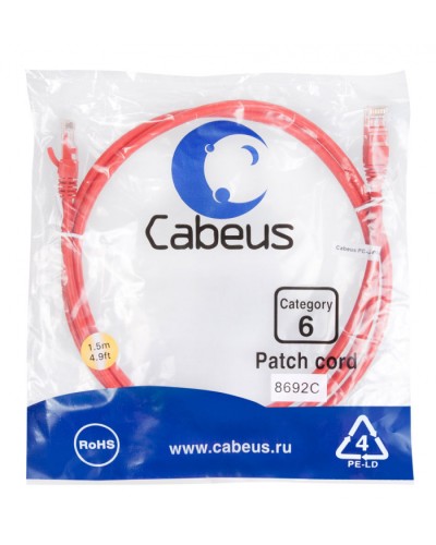 Патч-корд UTP, категория 6, 1.5 м, неэкранированный, красный Cabeus PC-UTP-RJ45-Cat.6-1.5m-RD в Ижевске Патчкорды (медные) Pintop.ru