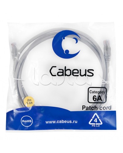 Патч-корд UTP, категория 6a, 10G, неэкранированный, LSZH, 2 м, серый Cabeus PC-UTP-RJ45-Cat.6a-2m-LSZH в Ижевске Патчкорды (медные) Pintop.ru
