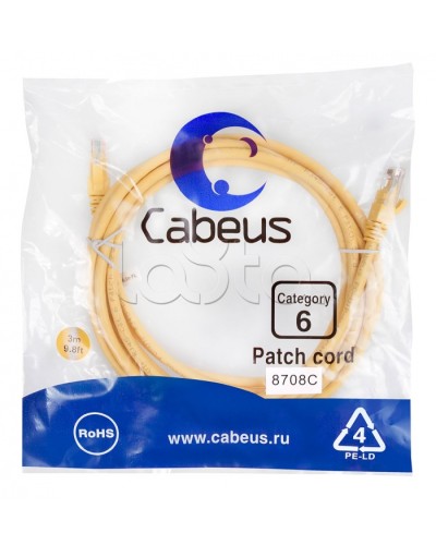 Патч-корд UTP, категория 6, 3 м, неэкранированный, желтый Cabeus PC-UTP-RJ45-Cat.6-3m-YL в Ижевске Патчкорды (медные) Pintop.ru