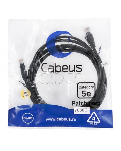 Патч-корд медный U/UTP кат.5е (3м) LSZH (черный) Cabeus (PC-UTP-RJ45-Cat.5e-3m-BK-LSZH) в Ижевске Патчкорды (медные) Pintop.ru