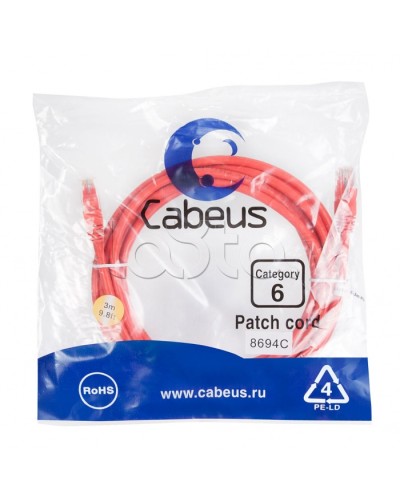 Патч-корд UTP, категория 6, 3 м, неэкранированный, красный Cabeus PC-UTP-RJ45-Cat.6-3m-RD в Ижевске Патчкорды (медные) Pintop.ru