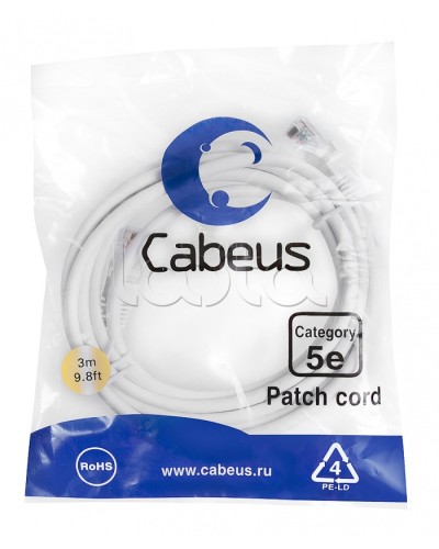 Патч-корд UTP, категория 5e, 3 м, неэкранированный, белый Cabeus PC-UTP-RJ45-Cat.5e-3m-WH в Ижевске Патчкорды (медные) Pintop.ru