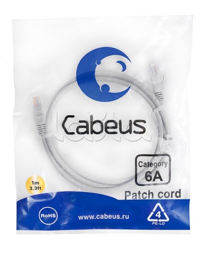 Патч-корд UTP, категория 6a, 10G, неэкранированный, LSZH, 1 м, серый Cabeus PC-UTP-RJ45-Cat.6a-1m-LSZH в Ижевске Патчкорды (медные) Pintop.ru