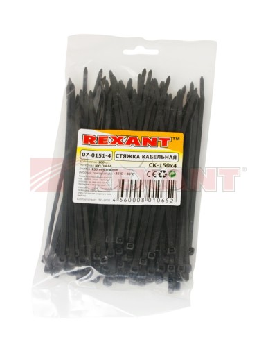 Хомут-стяжка нейлоновый 4х150 мм чёрный (100шт/уп) REXANT 07-0151-4 в Ижевске Стяжки-хомуты Pintop.ru