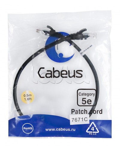 Патч-корд UTP, категория 5e, 0.5 м, неэкранированный, черный Cabeus PC-UTP-RJ45-Cat.5e-0.5m-BK в Ижевске Патчкорды (медные) Pintop.ru