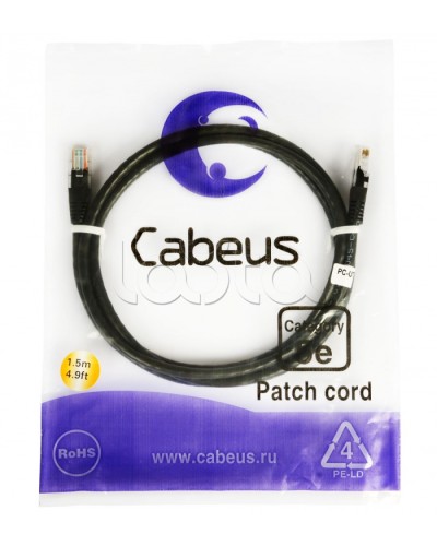 Патч-корд 2xRJ-45/8P8C U/UTP кат.5е (2 м) Cabeus PC-UTP-RJ45-CAT.5E-2M-BK в Ижевске Патчкорды (медные) Pintop.ru