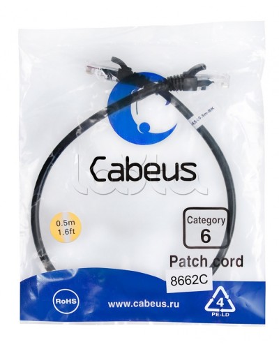 Патч-корд UTP, категория 6, 0.5 м, неэкранированный, черный Cabeus PC-UTP-RJ45-Cat.6-0.5m-BK в Ижевске Патчкорды (медные) Pintop.ru