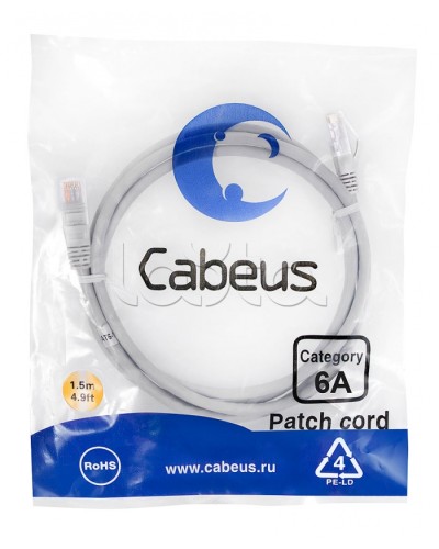 Патч-корд UTP, категория 6a, 10G, неэкранированный, LSZH, 1.5 м, серый Cabeus PC-UTP-RJ45-Cat.6a-1.5m-LSZH в Ижевске Патчкорды (медные) Pintop.ru