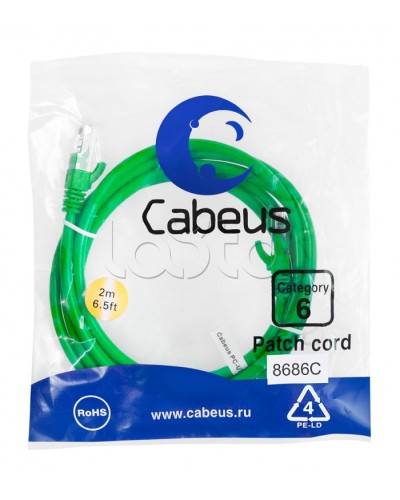 Патч-корд UTP, категория 6, 2 м, неэкранированный, зеленый Cabeus PC-UTP-RJ45-Cat.6-2m-GN в Ижевске Патчкорды (медные) Pintop.ru