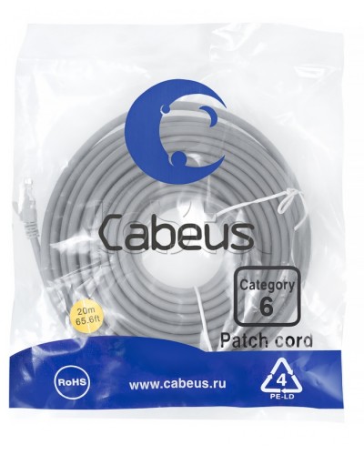Патч-корд UTP, категория 6, 20 м, неэкранированный, серый Cabeus PC-UTP-RJ45-Cat.6-20m в Ижевске Патчкорды (медные) Pintop.ru